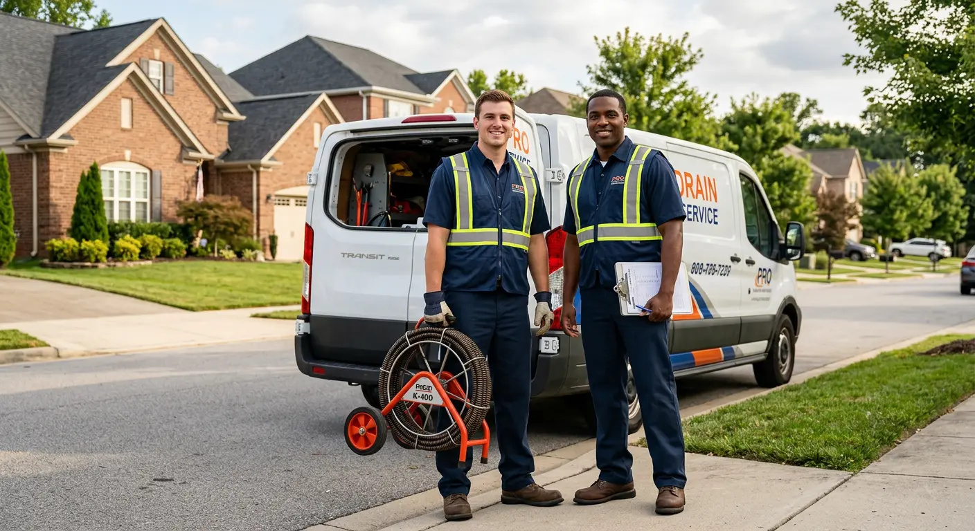 Sewer and drain service team with equipment ready for work in Shelley
