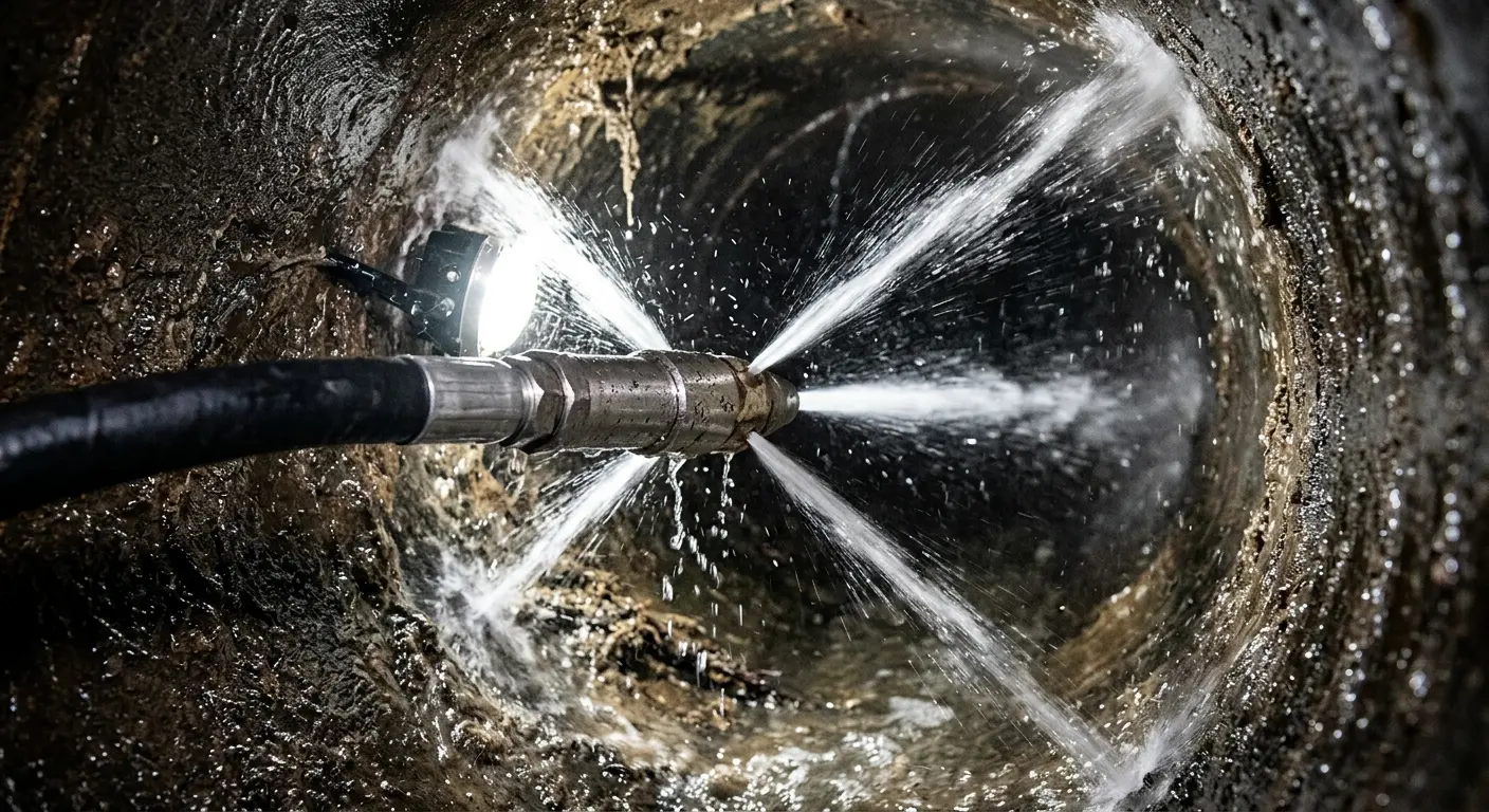 High-pressure hydro jetting nozzle cleaning sewer pipe for Emergency Drain Service in Shelley