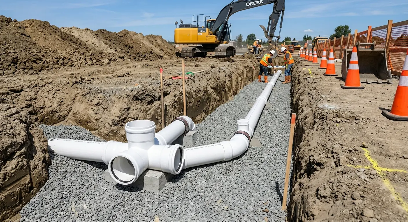 New PVC sewer pipe installation in open trench for Sewer Backup in Shelley