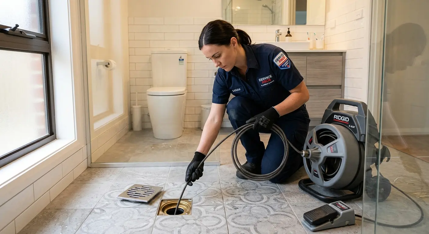 Technician clearing a bathroom floor drain for Clogged Drain Repair in Shelley